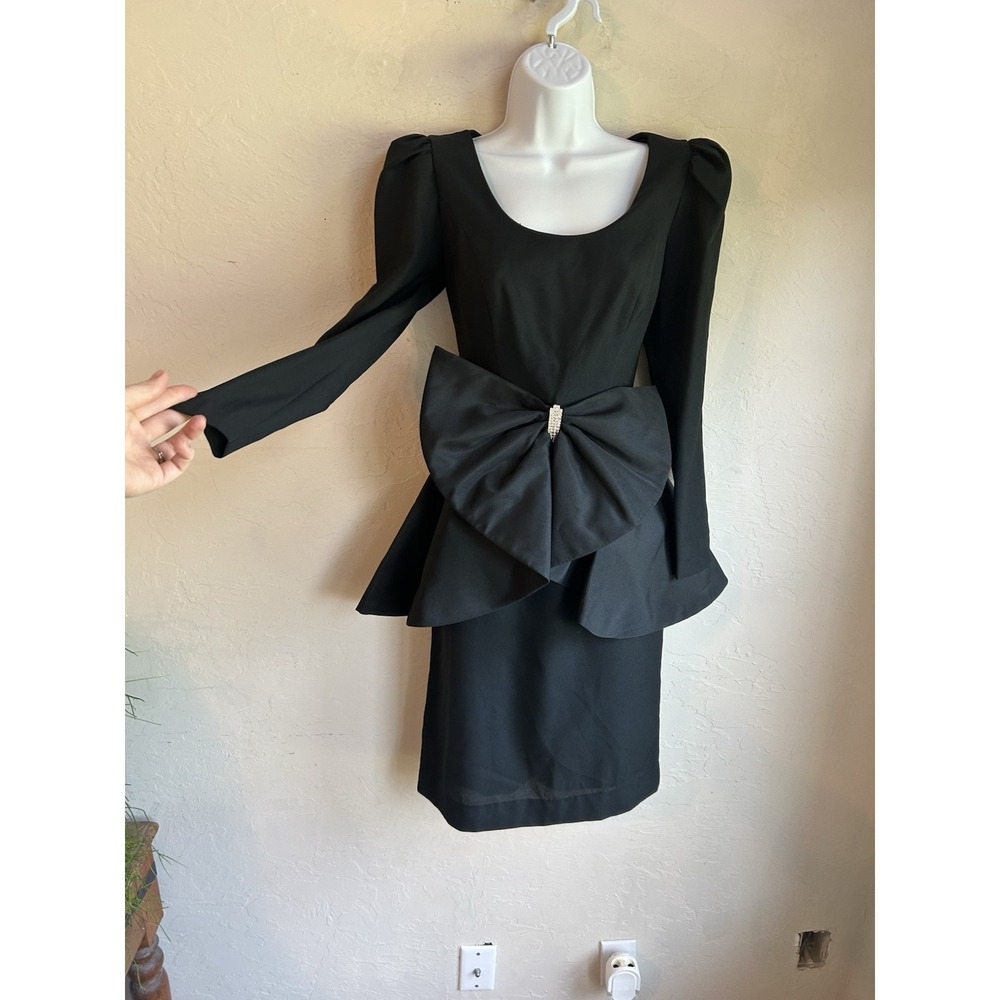 Vintage 80s Huey Waltzer For Darcy Black Peplum Bow Midi Dress 6 Party Glam - Picture 2 of 11